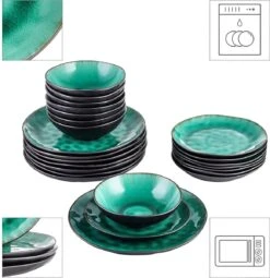 Merkloos Combiservies, 24-delig Coco Tafelservies Van Aardewerk, Raku Glazuur Effect Serviesset, Bevat Mueslikommen, Dessertborden En Dinerborden Voor 8 Personen In Vintage Look, Groen -Babyproducten 1161x1200
