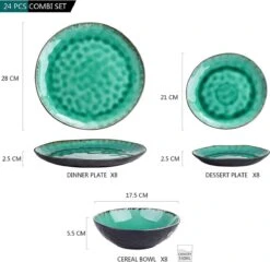 Merkloos Combiservies, 24-delig Coco Tafelservies Van Aardewerk, Raku Glazuur Effect Serviesset, Bevat Mueslikommen, Dessertborden En Dinerborden Voor 8 Personen In Vintage Look, Groen -Babyproducten 1200x1165