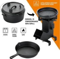 Dutch Mountains Gietijzeren Pannenset 7-delig - Dutch Oven – Braadpan - Grillpan - Hapjespan - Kookset In Houten Transportkist - Deksellifter - Brander -Babyproducten 1200x1185 4