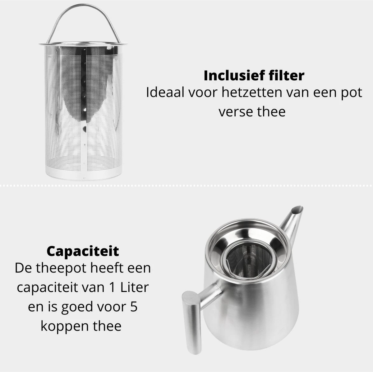 Castagnola Theepot Met Filter – Theekan – Theepot Dubbelwandig – Theepot Roestvrijstaal – Hoogwaardig RVS – 1 Liter – 5 Kopjes Thee – Zilver 6 Castagnola Theepot Met Filter – Theekan – Theepot Dubbelwandig – Theepot Roestvrijstaal – Hoogwaardig RVS – 1 Liter – 5 Kopjes Thee – Zilver - Afbeelding 6