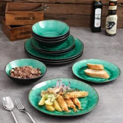 Merkloos Combiservies, 24-delig Coco Tafelservies Van Aardewerk, Raku Glazuur Effect Serviesset, Bevat Mueslikommen, Dessertborden En Dinerborden Voor 8 Personen In Vintage Look, Groen -Babyproducten 1200x1200 714