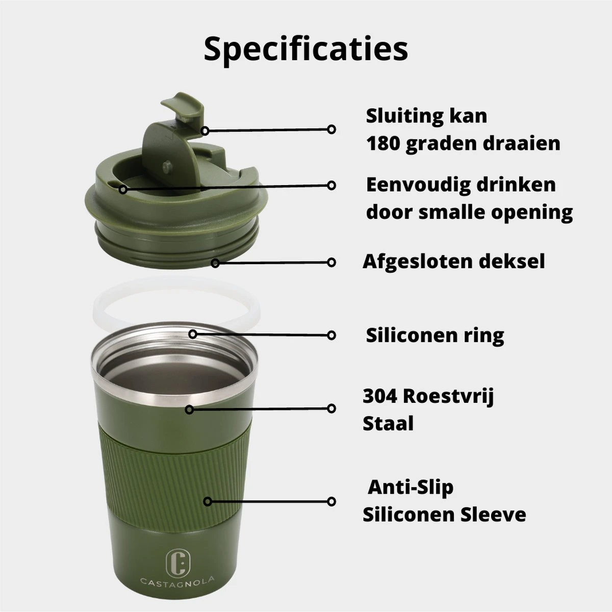 Castagnola Design RVS Koffiebeker To Go - Groen - 380ml - Thermosbeker - Theebeker 5 Castagnola Design RVS Koffiebeker To Go - Groen - 380ml - Thermosbeker - Theebeker - Afbeelding 5