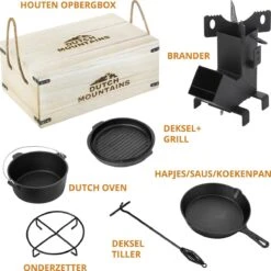 Dutch Mountains Gietijzeren Pannenset 7-delig - Dutch Oven – Braadpan - Grillpan - Hapjespan - Kookset In Houten Transportkist - Deksellifter - Brander -Babyproducten 1200x1200 815