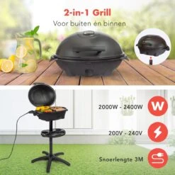 KitchenBrothers Elektrische BBQ - Met Grillplaat - Anti-aanbaklaag - Incl. Plank/Houders - Grilloppervlak 46,5x33,8cm - Tot 300°C - 2400W - Zwart -Babyproducten 1200x1200 935