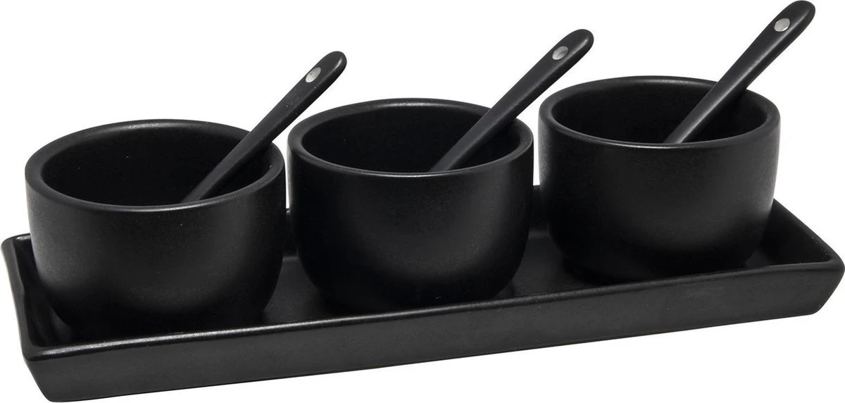 Alpina Sauzenset/serveerset 7-delig Zwart Met Serveerblad/schaaltjes/lepels - Serveerbladen/Dienbladen - Amuse Hapjes 1 Alpina Sauzenset/serveerset 7-delig Zwart Met Serveerblad/schaaltjes/lepels - Serveerbladen/Dienbladen - Amuse Hapjes