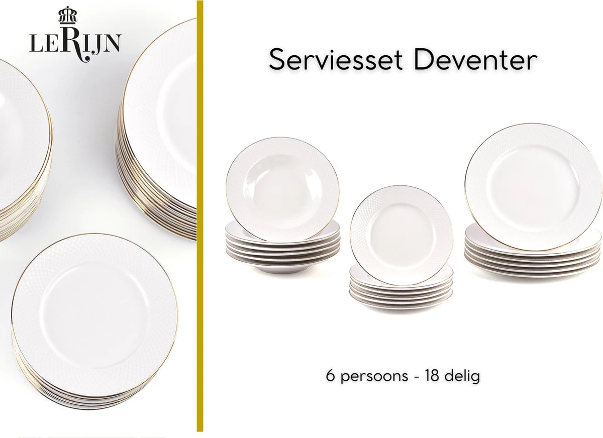 LeRijn® Serviesset Deventer 6 Persoons - 18 Delig - Licht Crème Wit Met Gouden Rand En Motief - Dinerborden - Soepborden - Dessertborden - Borden Servies - Bordenset 1 LeRijn® Serviesset Deventer 6 Persoons - 18 Delig - Licht Crème Wit Met Gouden Rand En Motief - Dinerborden - Soepborden - Dessertborden - Borden Servies - Bordenset